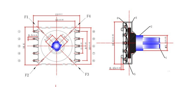 10腳五向開(kāi)關(guān)尺寸圖