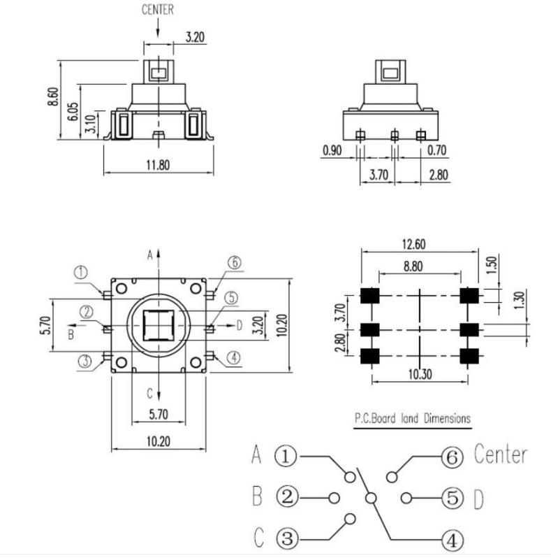 五向開(kāi)關(guān)尺寸規(guī)格圖 五向開(kāi)關(guān)尺寸規(guī)格圖