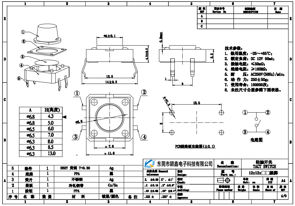 12*12輕觸開關尺寸圖 12*12輕觸開關尺寸圖