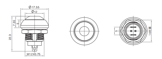 Φ12mm球形防水塑料按鈕開關尺寸圖 Φ12mm球形防水塑料按鈕開關尺寸圖