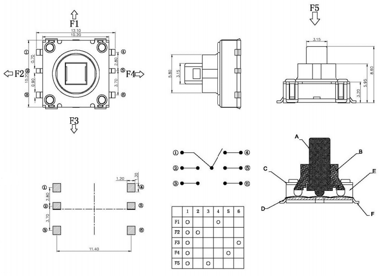 10*10*8.6貼片五向開關(guān)尺寸圖