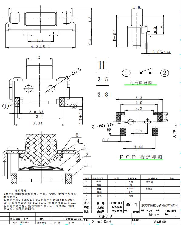 2X4輕觸開(kāi)關(guān)250gf規(guī)格書(shū)