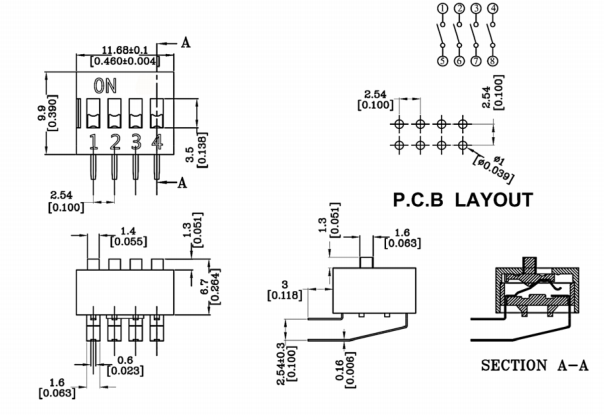 DA-04側(cè)插撥碼開關尺寸圖 DA-04側(cè)插撥碼開關尺寸圖